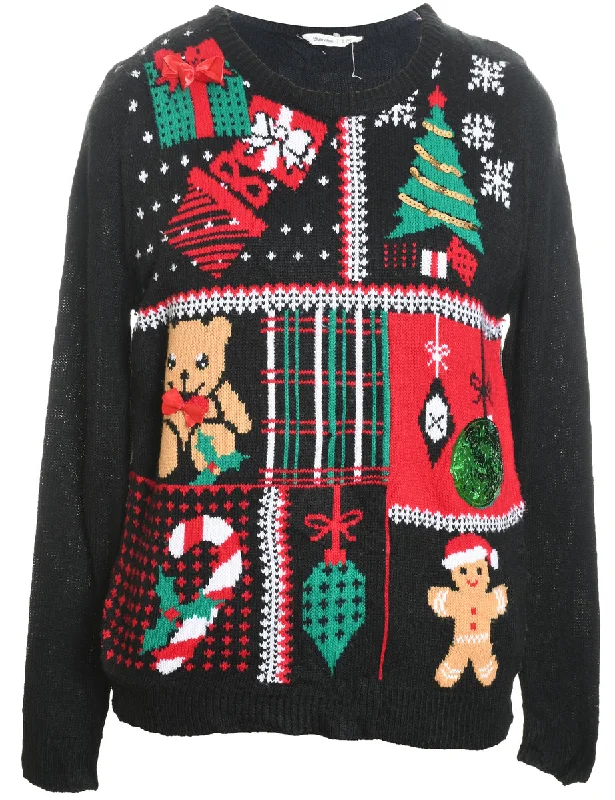 YEAR-End Sale Black Teddy Bear Design Christmas Jumper - L