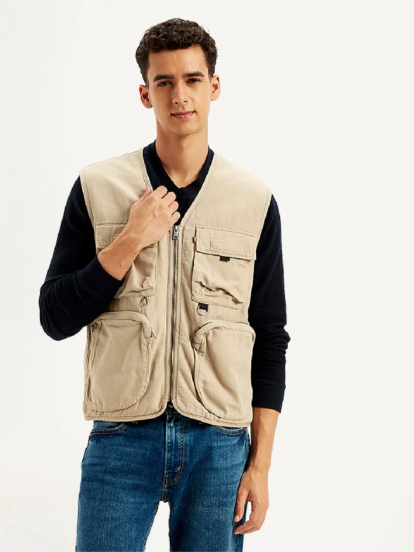 Deep Discounts Men's Solid Beige V Neck Jacket