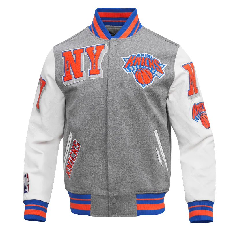 Price Reduction NBA NEW YORK KNICKS MASHUP MEN'S RIB WOOL VARSITY JACKET (HEATHER GREY/ROYAL/ORANGE)