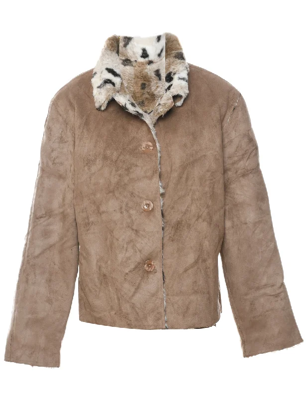 One-DAY Sale Brown Suede & Animal Design Shearling Lined Jacket - L