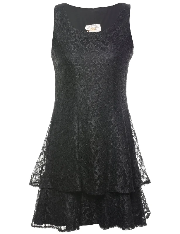 Black Lace Ruffled Evening Dress - S