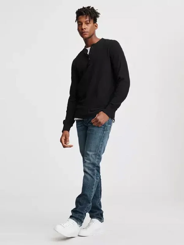 Stock Clearance Long Sleeve Classic Henley Top - Jet Black