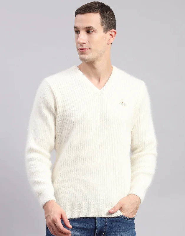 Must-Have Deals Men Off White Solid V Neck Full Sleeve Pullover