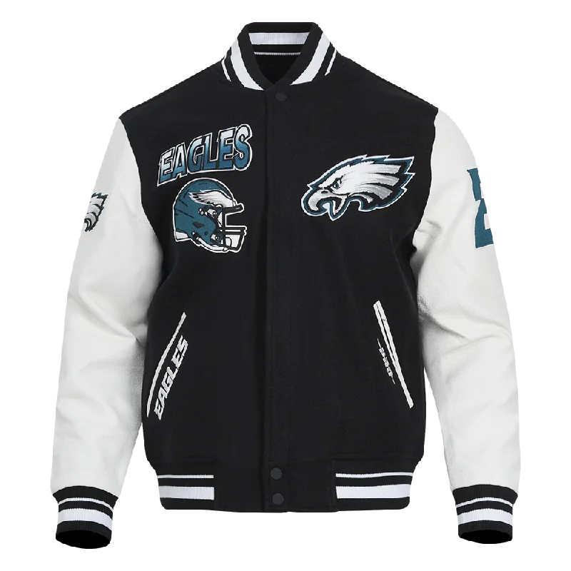 Super Deal NFL PHILADELPHIA EAGLES TURN IT UP MEN'S RIB WOOL VARSITY JACKET (BLACK/WHITE)