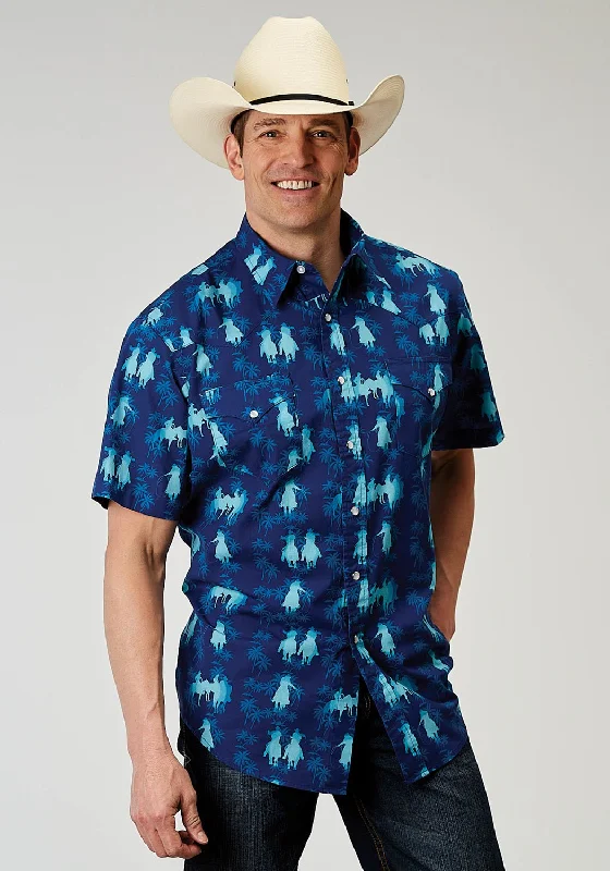 Closeout Deal Roper Mens 1907 Hawaiian Ombre Blue 100% Cotton S/S Shirt