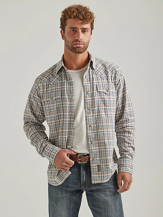Weekend Savings Spree WRANGLER RETRO PREMIUM LONG SLEEVE SNAP PLAID GREIGE HAZE SHIRT