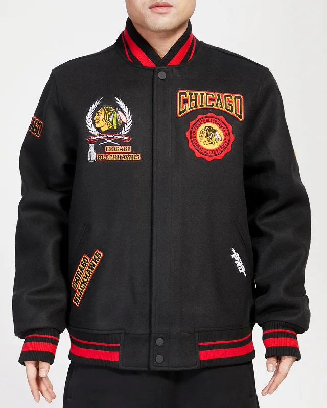 Year-End Clearance NHL CHICAGO BLACKHAWKS CREST EMBLEM MEN'S RIB WOOL VARSITY JACKET (BLACK/RED/BLACK)