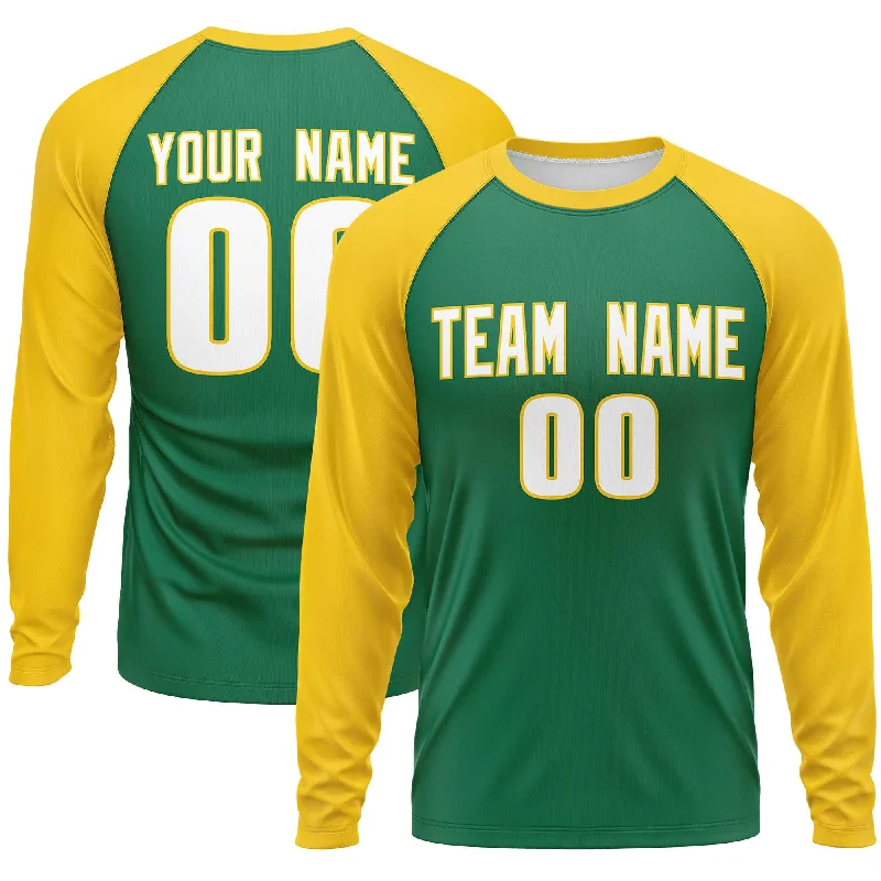 Custom Kelly Green Gold Crew Neck Raglan Long Sleeve Performance T-Shirt