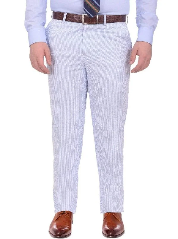Fantastic Offers Emigre Classic Fit Blue & White Seersucker Striped Flat Front Cotton Dress Pants