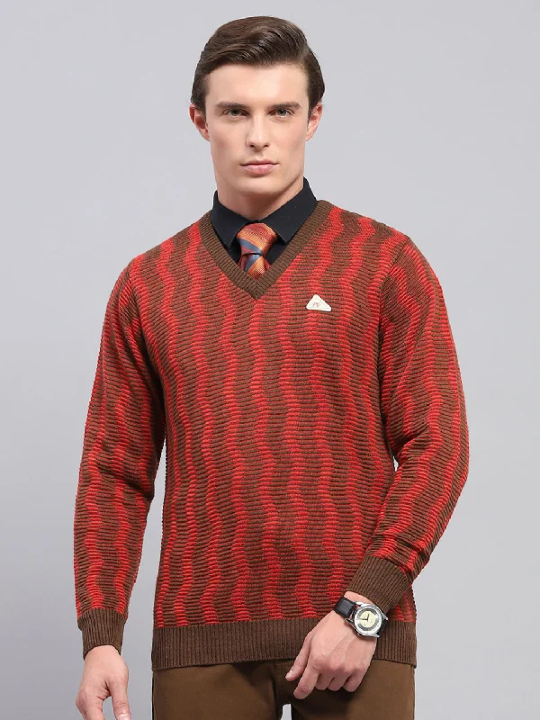 Price Rollback Men Brown Self Design V Neck Full Sleeve Pullover