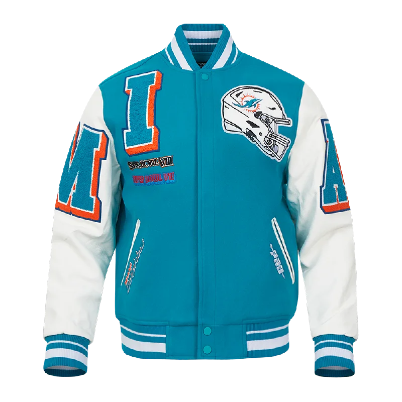 Don’t Miss Out NFL MIAMI DOLPHINS MASHUP MEN'S RIB WOOL VARSITY JACKET (TEAL/WHITE)
