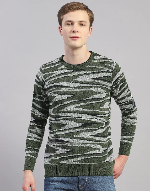 Super Deal Men Green Printed Round Neck Full Sleeve Pullover