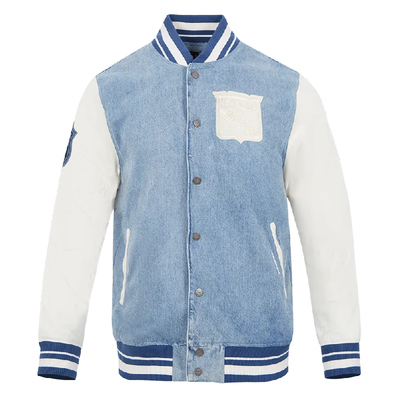 Weekend Specials to Snag NHL NEW YORK RANGERS VARSITY BLUES MEN'S DENIM VARSITY JACKET (DENIM/LINEN)