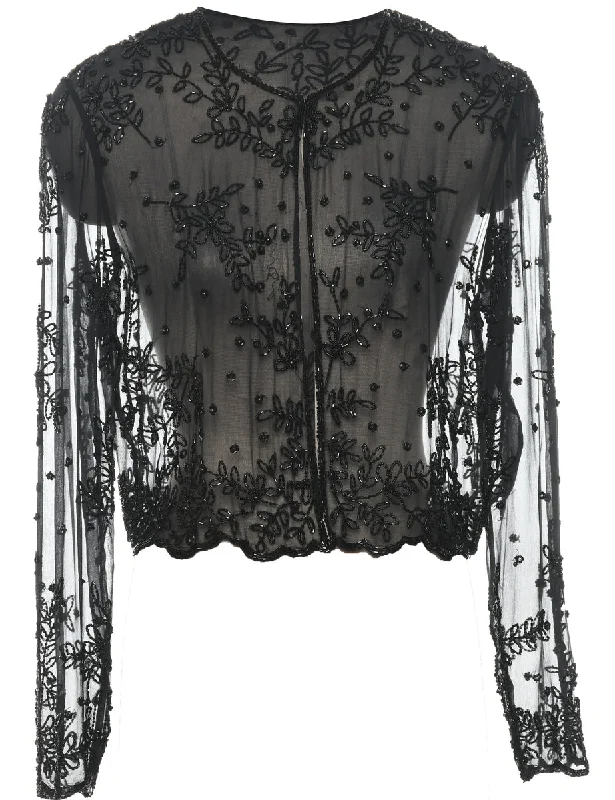 Sneak Peek Sale Black Sheer Beaded 1990s Evening Jacket - L