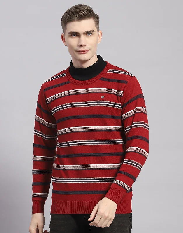 Flash Deals Men Maroon Stripe Round Neck Full Sleeve Pullover