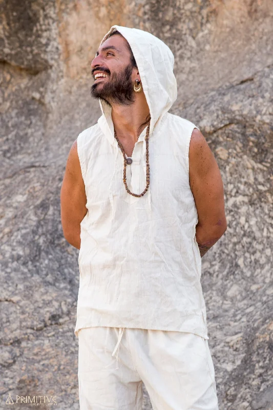 Members Only Sleeveless Shirt with Hoodie ⫸ Handwoven Khadi Cotton