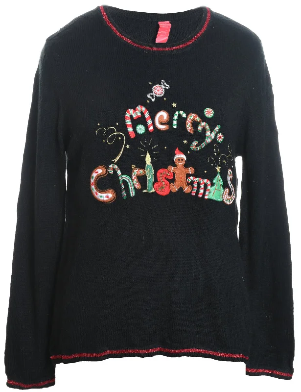 Weekend Flash Sale Black Sequined & Embroidered Christmas Jumper - L
