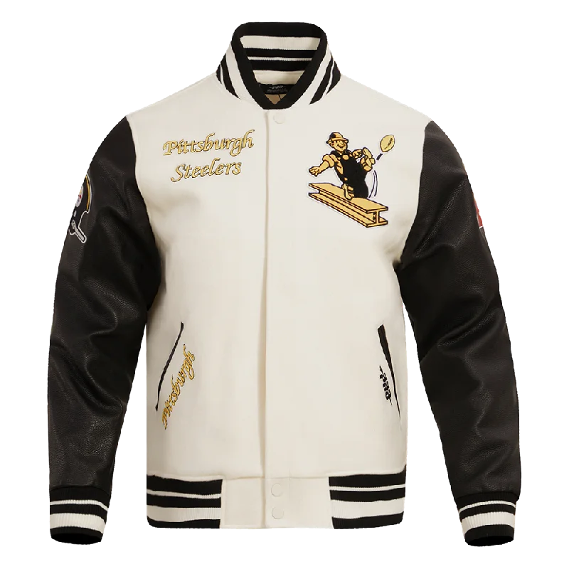 Savings Galore NFL PITTSBURGH STEELERS RETRO CLASSIC MEN'S RIB WOOL VARSITY JACKET (EGGSHELL/ BLACK)
