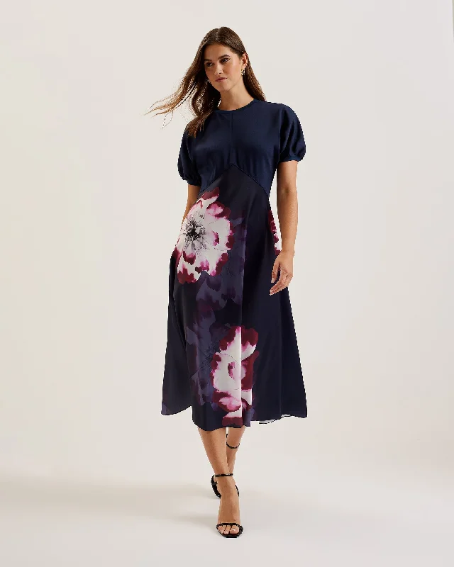 Price Blitz Mitzic Ponte Bodice Printed Satin Skirt Midi Dress Navy