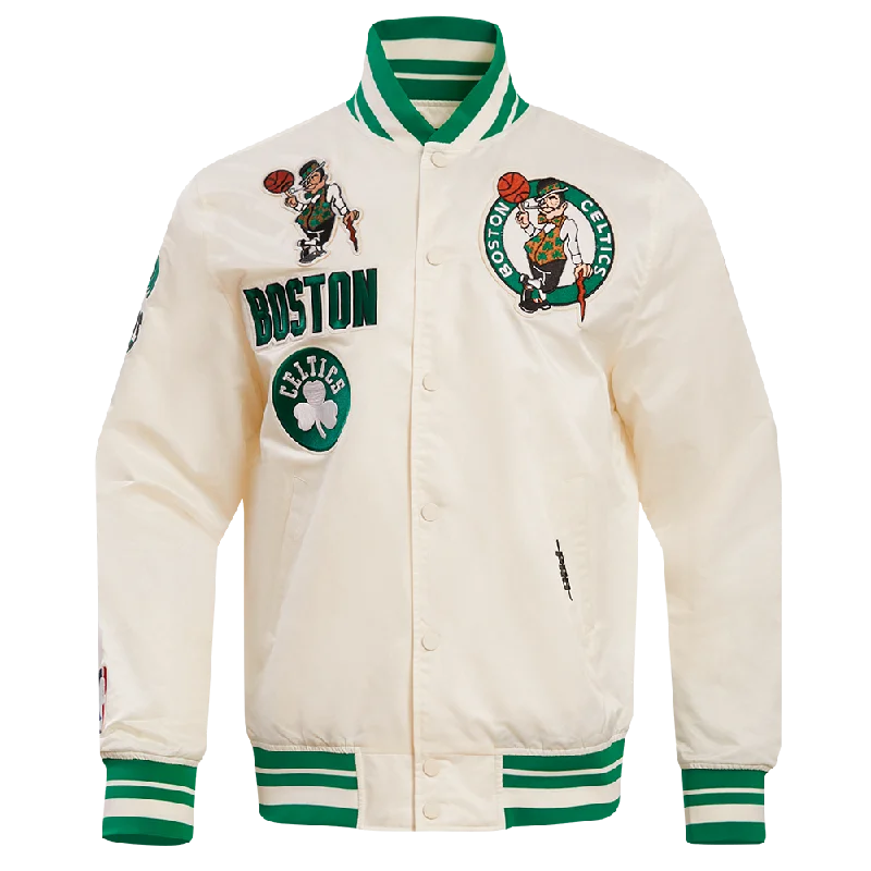 Special Buy NBA BOSTON CELTICS RETRO CLASSIC MEN'S RIB SATIN JACKET (EGGSHELL/ KELLY GREEN)