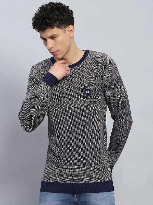 Year-End Sale Men Blue Self Design Round Neck Full Sleeve Pullover