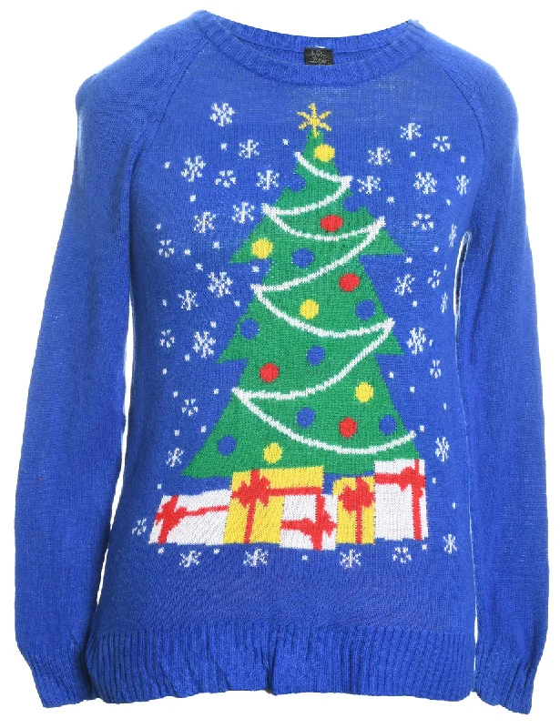 Weekend Specials to Savor Blue Knit Round-Neck Christmas Jumper - S