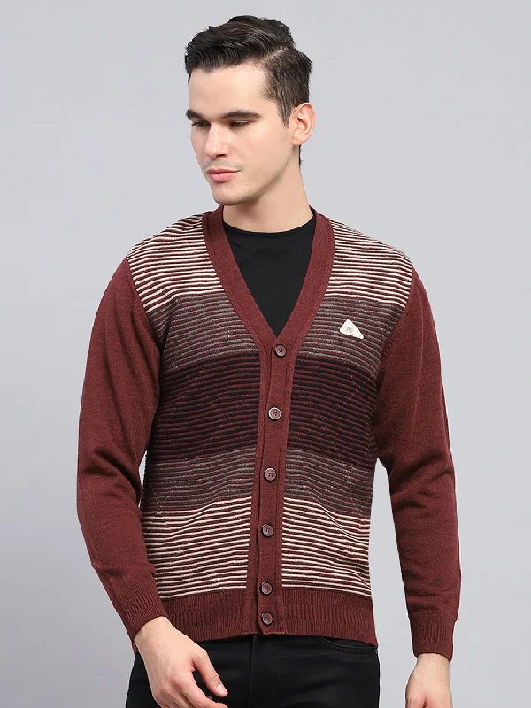 Weekend Specials to Love Men Maroon Stripe V Neck Full Sleeve Cardigan