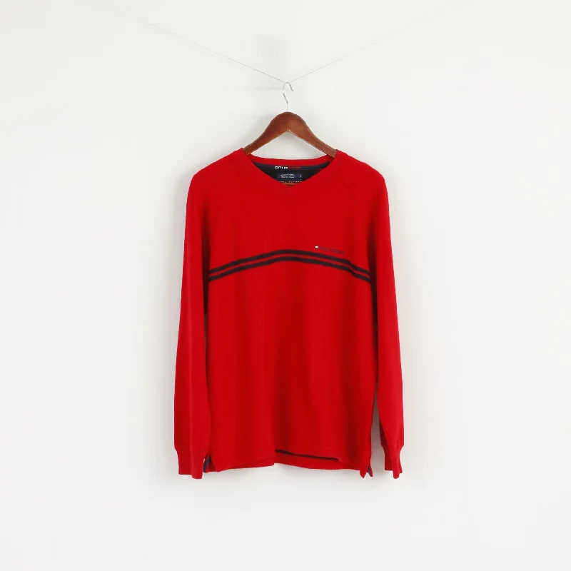 Tommy Hilfiger Men L Jumper Red Cotton Blend Cold Stop V Neck Sweater