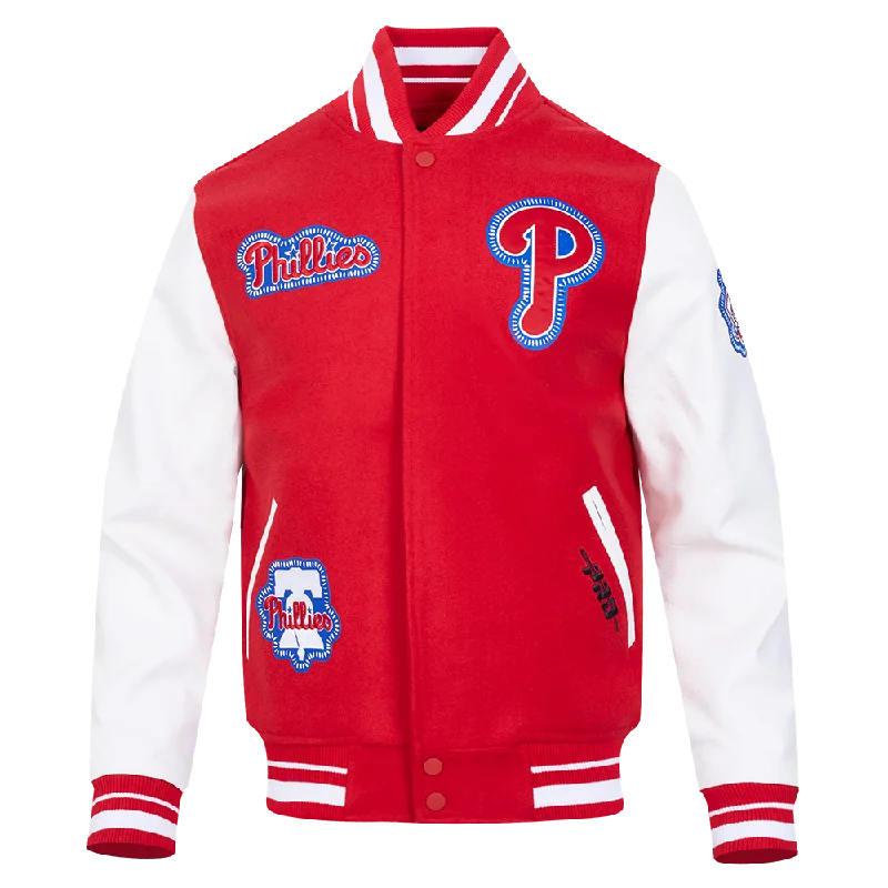 Weekend Steals Await MLB PHILADELPHIA PHILLIES DIY PICK STITCH MEN'S RIB WOOL VARSITY JAC (RED/WHITE)