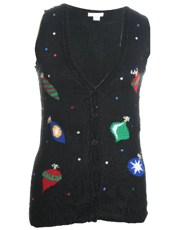 Black Christmas Bauble Design Knit Vest - XS