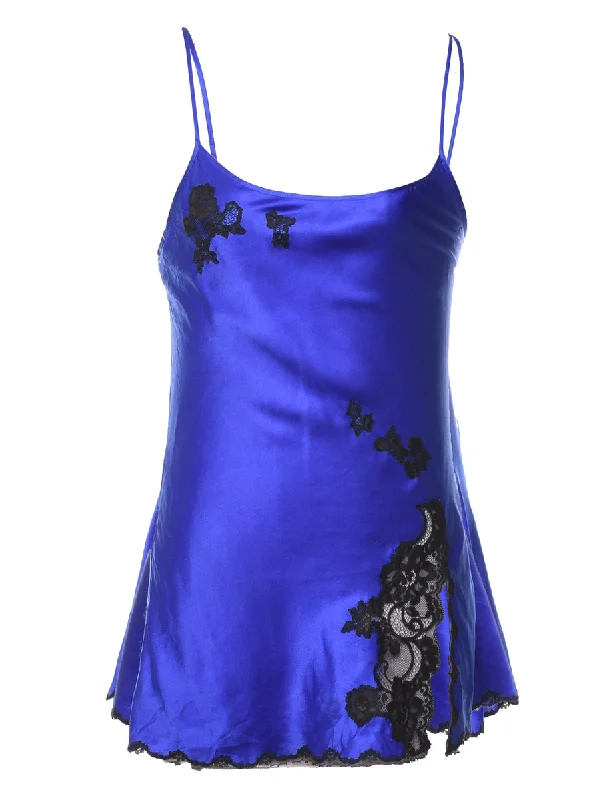 Deal of the Day Blue & Black Contrast Strappy Lace Slip Dress - XS