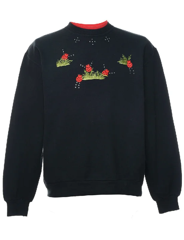 Black & Red Round Neck Embroidered Sweatshirt - M