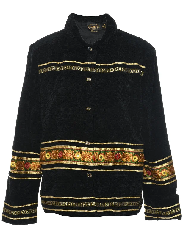 Stock Up Button Front Black & Gold Embroidered Jacket - M