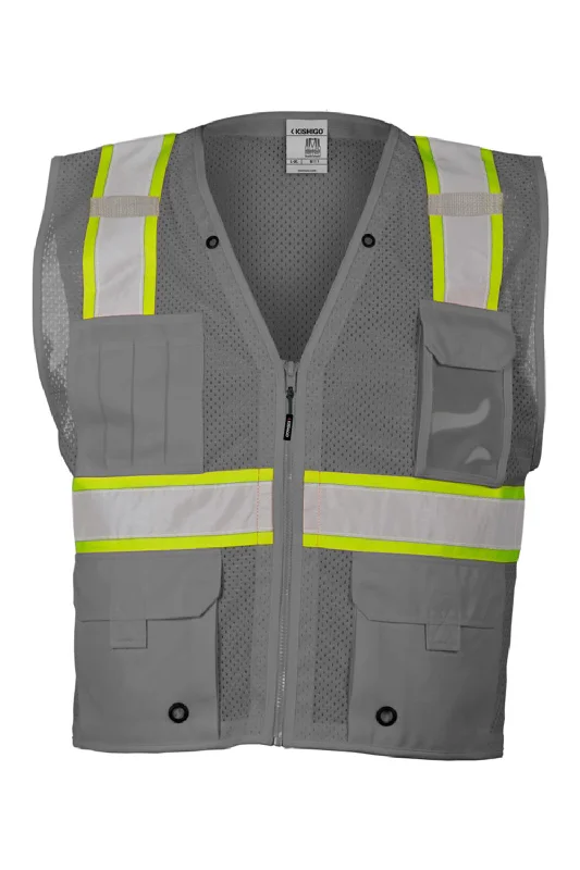 Super Sale Kishigo Mens EV Series Enhanced Visibility Multi Pocket Mesh Vest - Grey/Lime Green