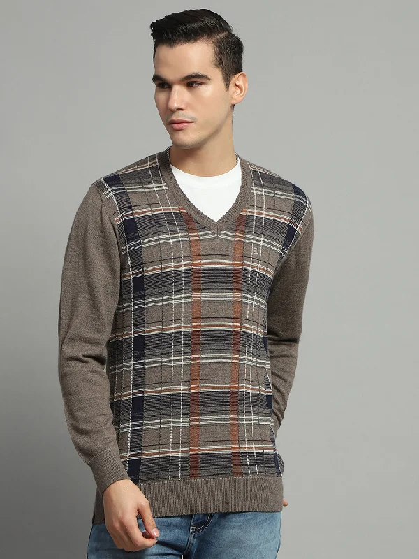 Weekend Deals to Make You Happy Men Grey Check V Neck Full Sleeve Pullover