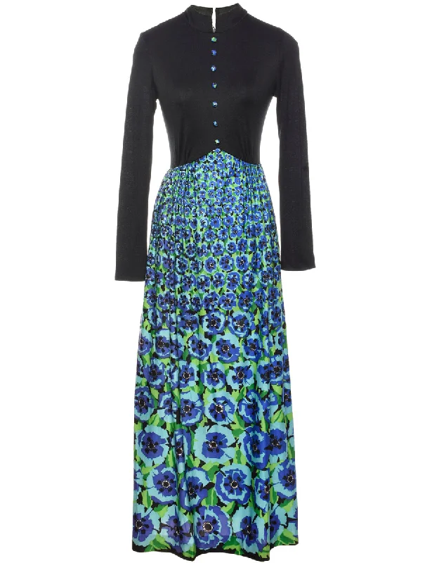 Super Savings Black, Blue & Green Floral 1970s Maxi Dress - S