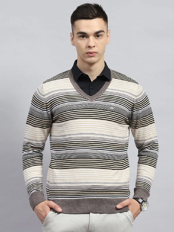 Pay Less Men Beige Stripe V Neck Full Sleeve Pullover