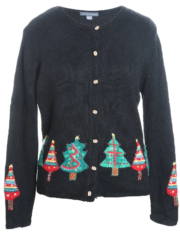 Black Christmas Tree Design Cardigan - L