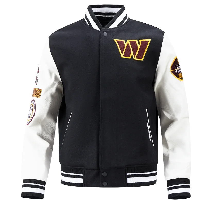 Limited Availability NFL WASHINGTON COMMANDERS OLD ENGLISH MEN'S RIB WOOL VARSITY JACKET (BLACK/WHITE)