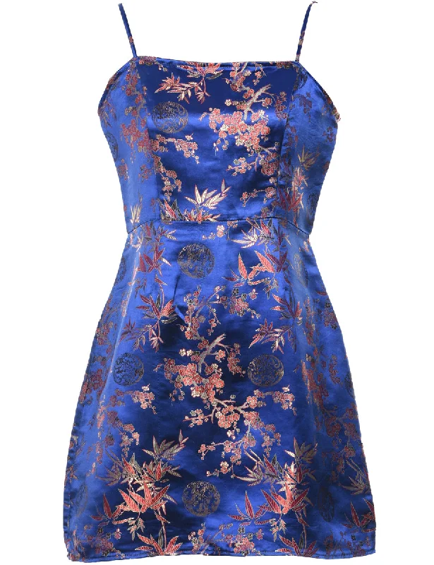 Year-End Clearance Brocade Pattern Blue Metallic Brocade Evening Dress - M