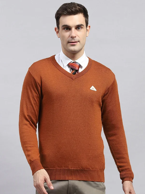 Extra Discount Men Rust Solid V Neck Full Sleeve Pullover