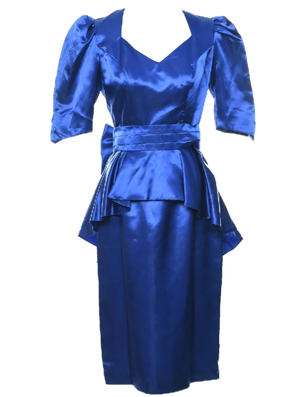 Weekend Bargains to Relish Blue Shiny 1980s Peplum Detail Dress - M