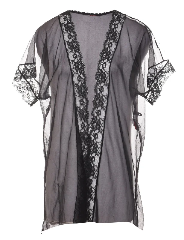 Price Blitz Black Sheer Lace Trim 1990s Dressing Gown - M