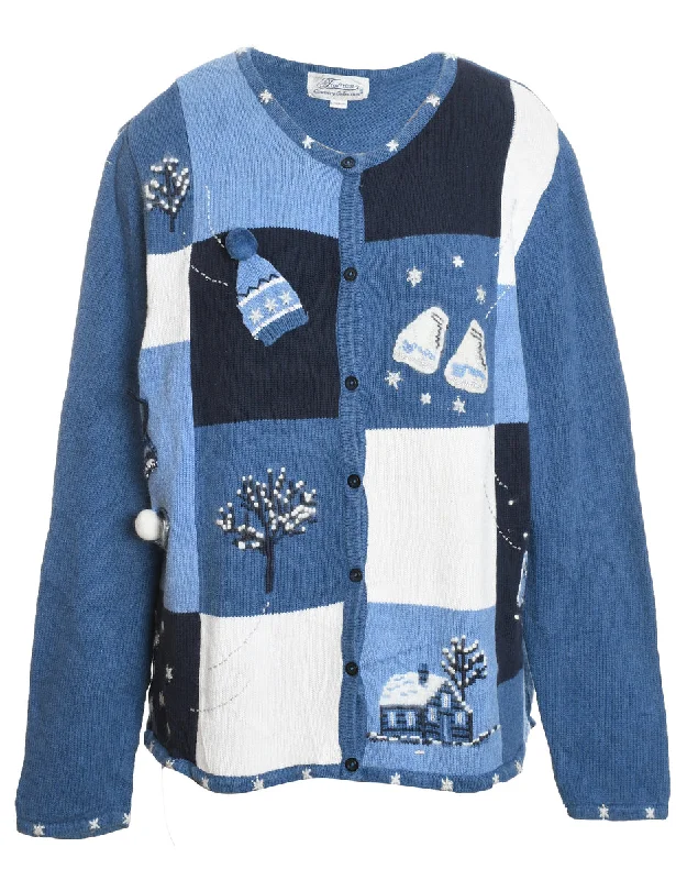 Weekend Savings Sensation Blue Festive Design Christmas Cardigan  - L