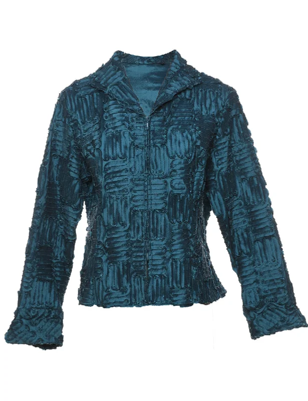 Weekend Offers That Shine Blue Ruffled Metallic Zip-Front Evening Jacket - L