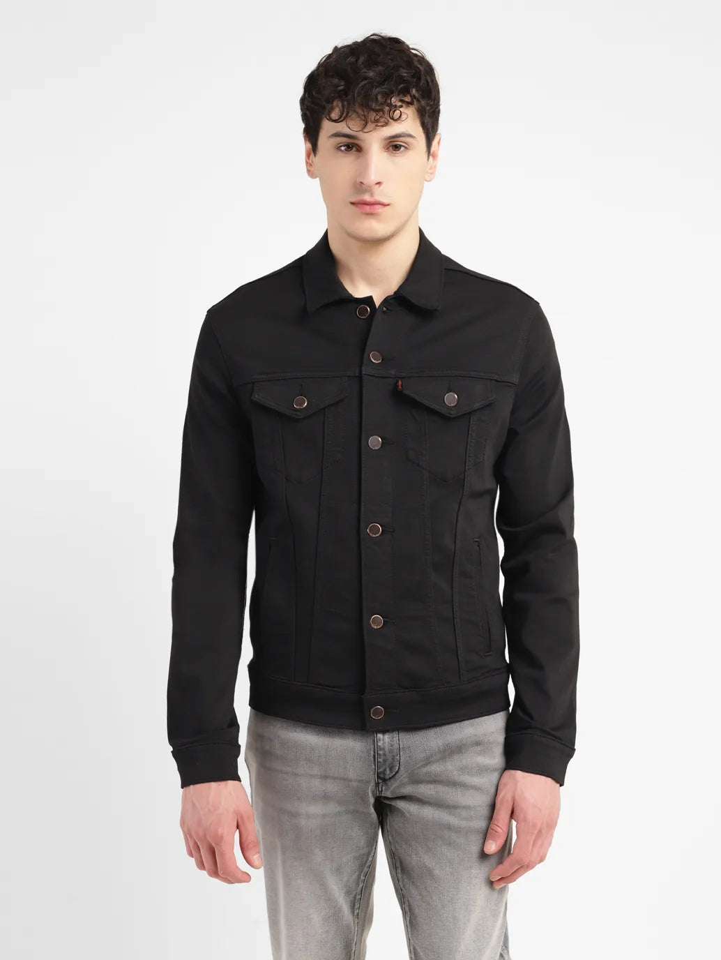 Don't Wait Men's Solid Black Spread Collar Trucker Jacket
