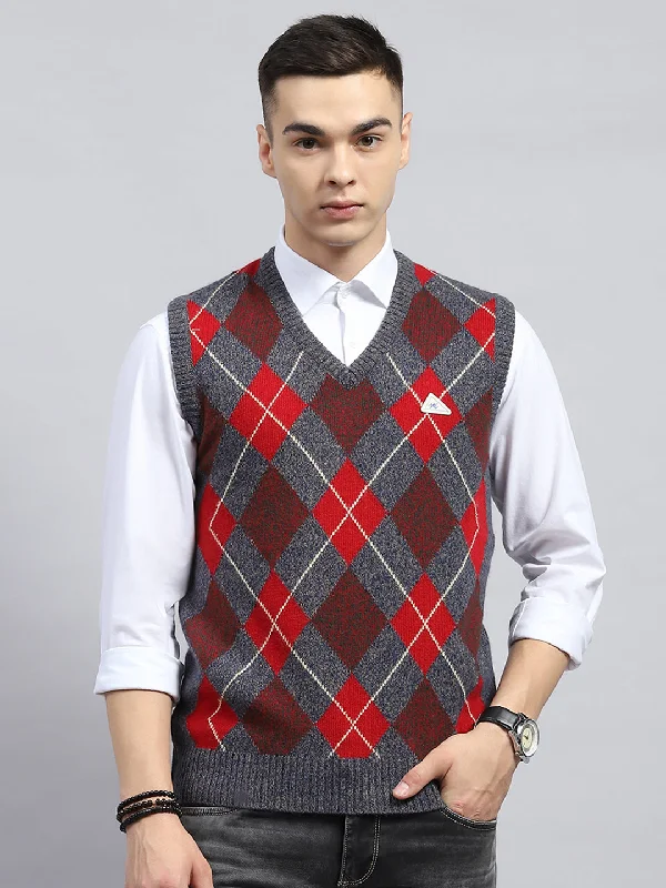Weekend Discounts to Savor Men Grey & Red Geometric V Neck Sleeveless Sweater