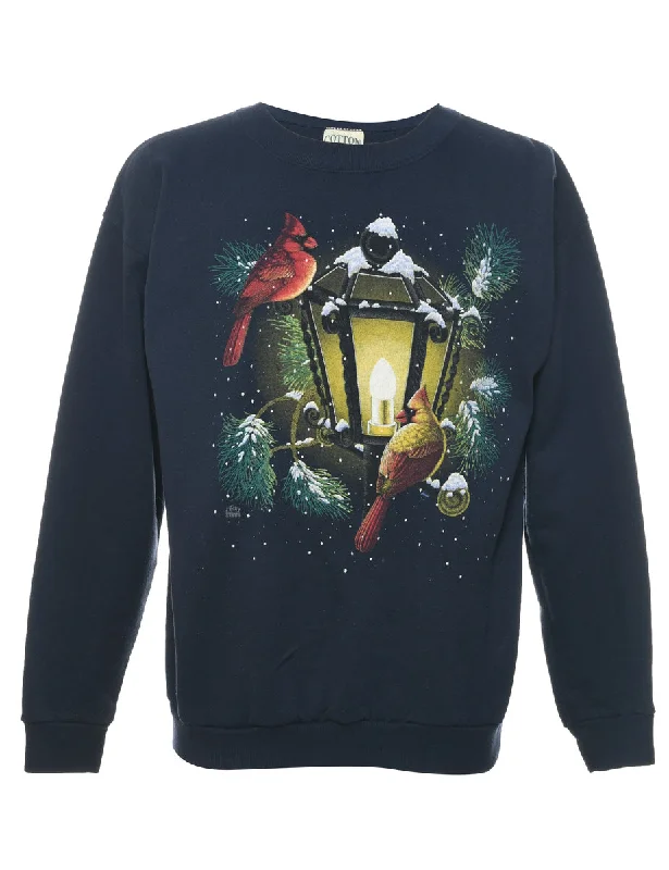 Bird Print Christmas Sweatshirt - L