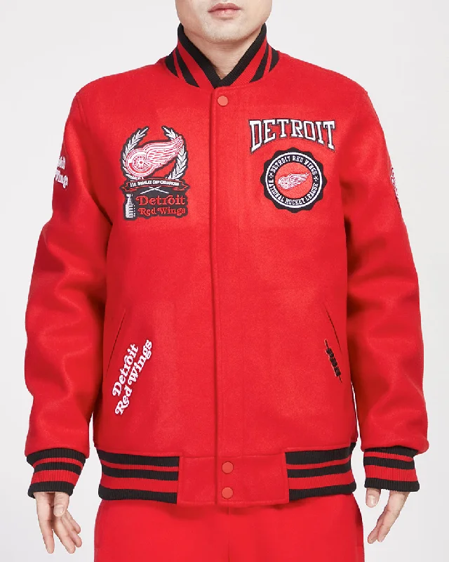 The Best Prices NHL DETROIT RED WINGS CREST EMBLEM MEN'S RIB WOOL VARSITY JACKET (RED/BLACK)