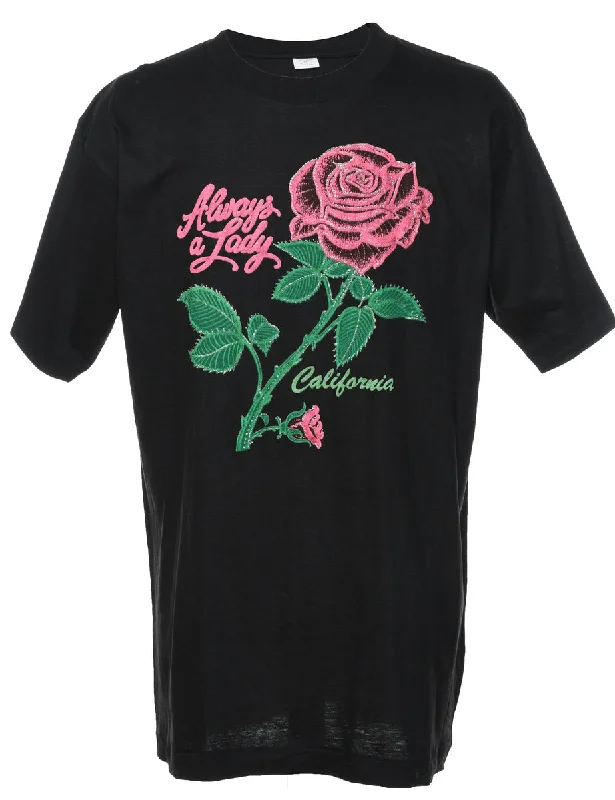 Early Bird Discount Black Printed Rose Design T-shirt - XL